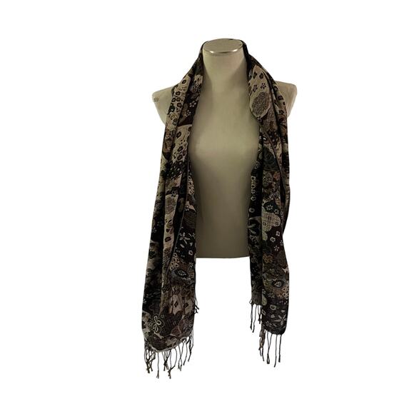 Dark Brown Floral Fringe Scarf Cottage Forest Fairy Goblin Grunge - Picture 1 of 5